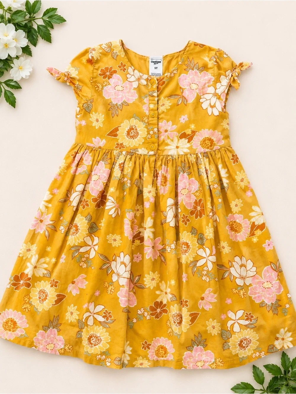 OshKosh B'gosh Mustard Floral Tie-Sleeve Dress 5T